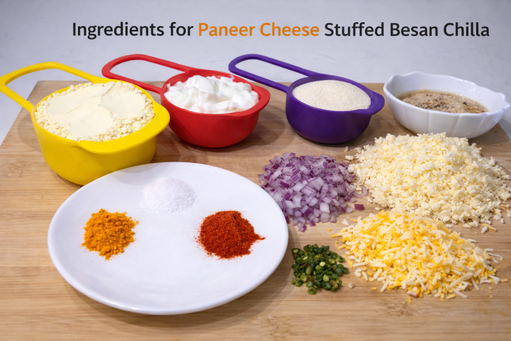 Ingredients for paneer stuffed besan chilla on a wooden board