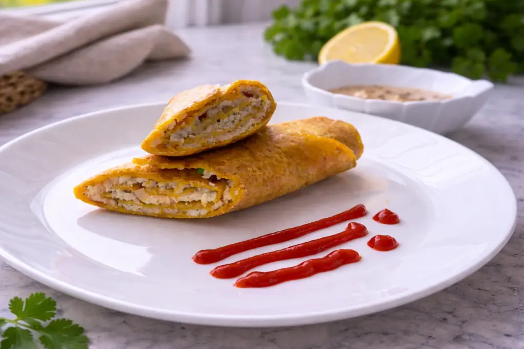 Paneer cheese stuffed besan chilla served on plate, healthy Indian breakfast recipe