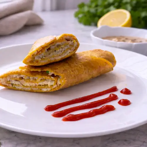 Paneer cheese stuffed besan chilla served on plate, healthy Indian breakfast recipe