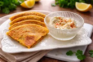 soya keema paratha recipe card with yogurt, high protein Indian breakfast