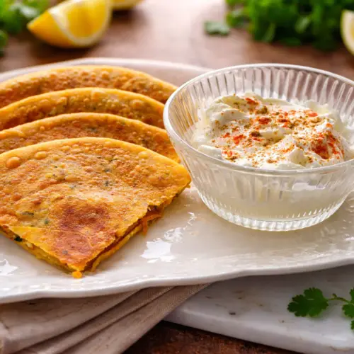soya keema paratha recipe card with yogurt, high protein Indian breakfast