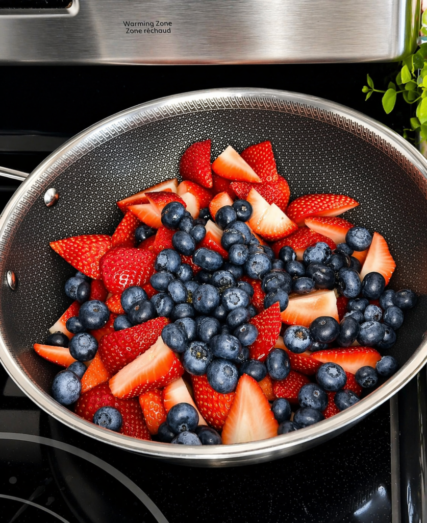 Adding fresh strawberries and blueberries to a pan to cook homemade strawberry blueberry jam