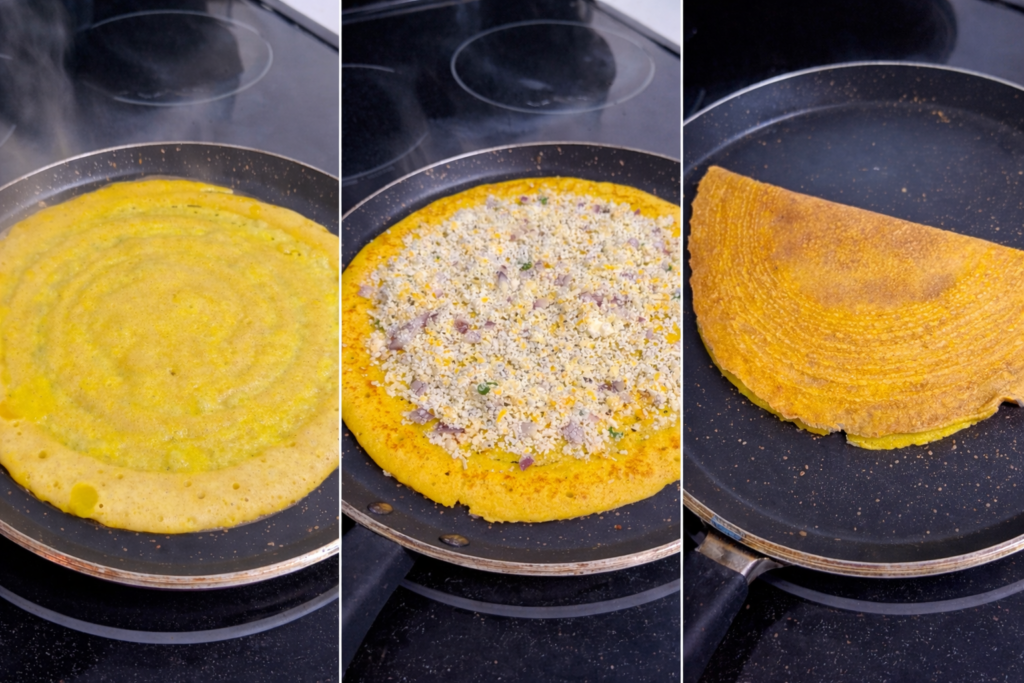 Step by step paneer stuffed besan chilla cooking proces