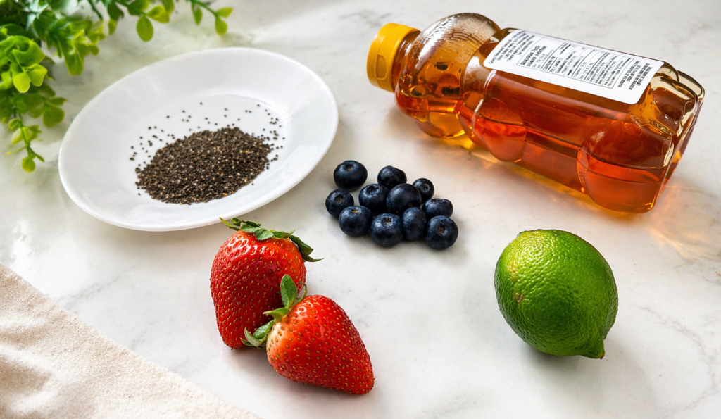 Ingredients for strawberry blueberry jam including fresh strawberries, blueberries, chia seeds, honey, and lemon on a light surface