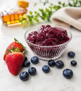 Homemade strawberry blueberry jam in a glass bowl with fresh strawberries and blueberries on white surface