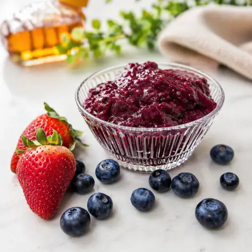 Homemade strawberry blueberry jam in a glass bowl with fresh strawberries and blueberries on white surface