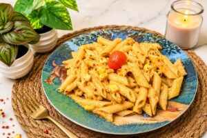 Garlic cheese corn pasta with penne and bocconcini cheese