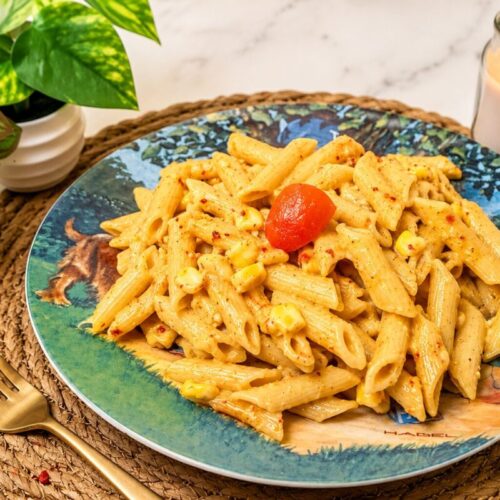 Garlic cheese corn pasta with penne and bocconcini cheese