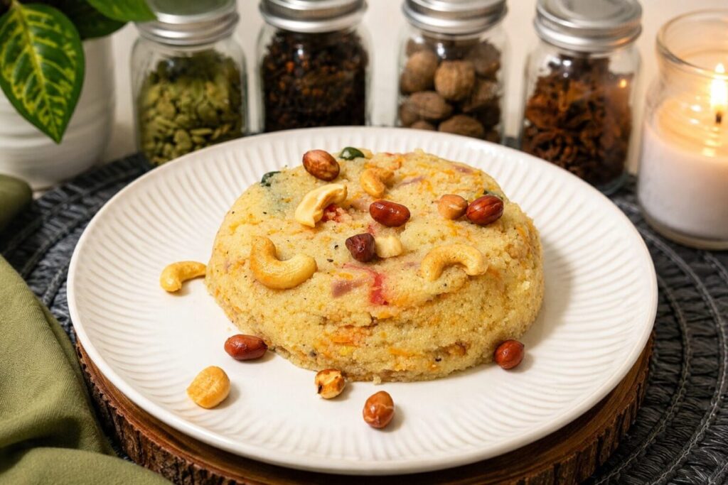Easy Fluffy Sooji Upma served with roasted cashews and peanuts in a white bowl – 15-minute South Indian breakfast recipe.