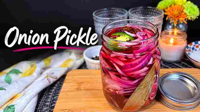 Jar of quick pickled red onions with pink brine