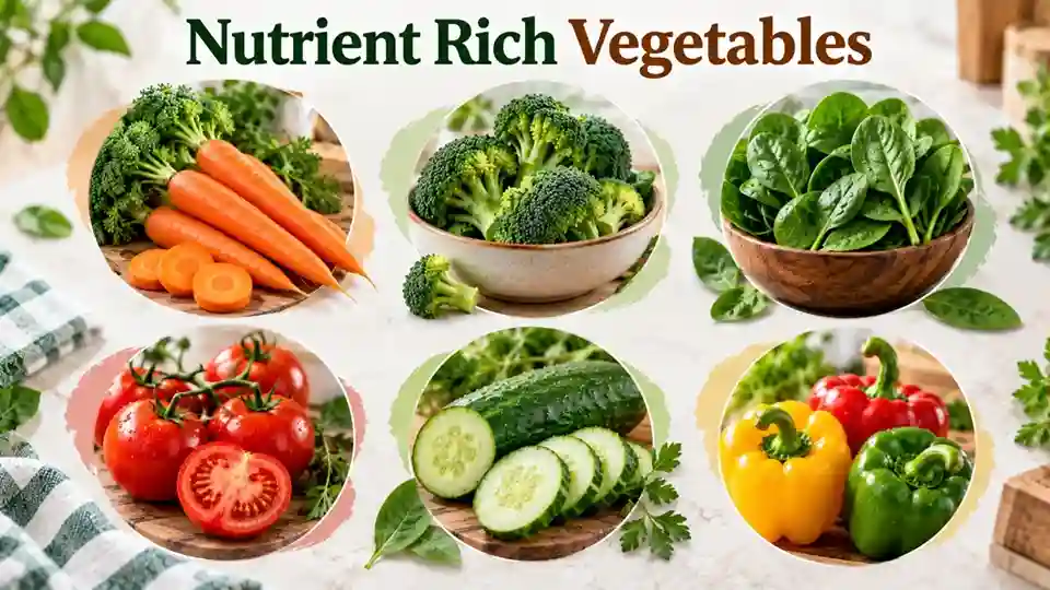 6 nutrient rich vegetables including carrots, broccoli, spinach, tomato, cucumber and capsicum.